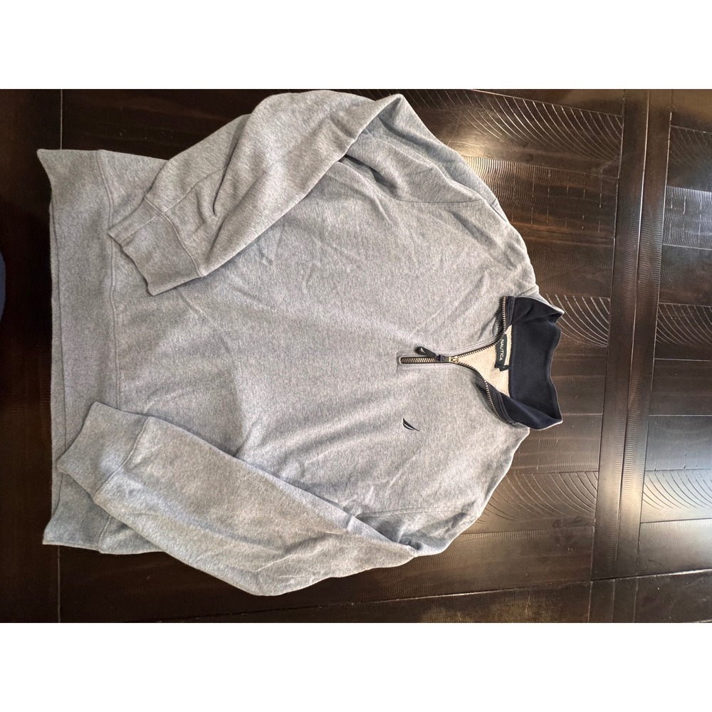 Nautica Mens Quarter Zip Sweatshirt Heather Grey Navy Mock Neck Pullover Large